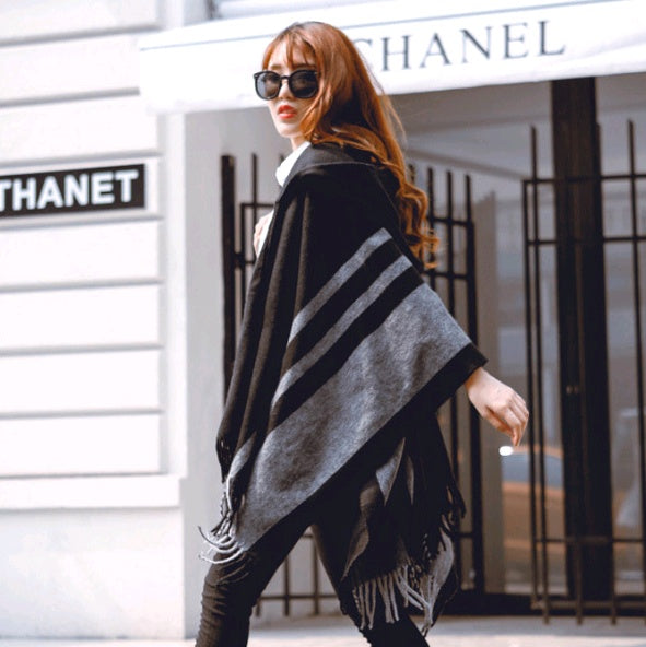 autumn and winter ladies cloak shawl hooded warm tassel scarf shawl dual-use thick shawl