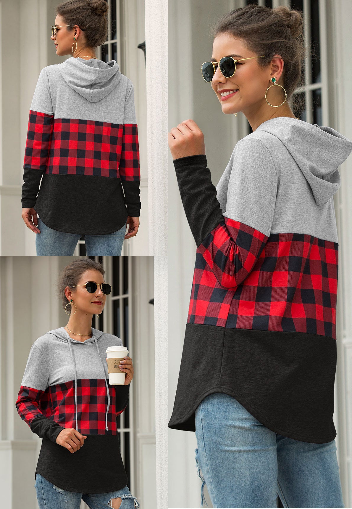 Best selling check stitching hooded sweater