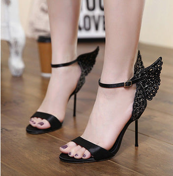 Rhinestone Party Shoes Stiletto Toe Buckle Color Matching High Heel Sandals Women