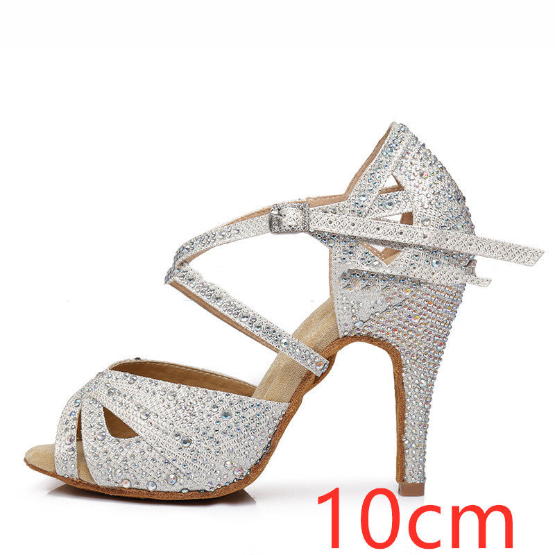 Silver high-heeled Latin dance shoes