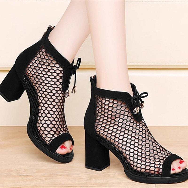 Back Zipper Women's Sandals Mesh High Heels