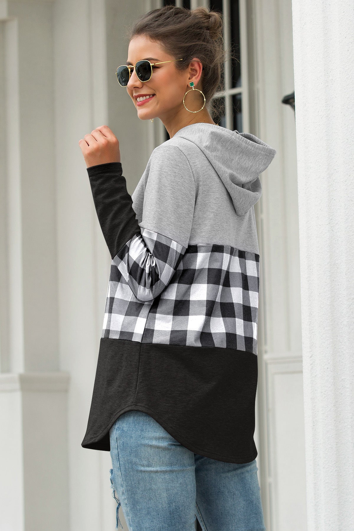 Best selling check stitching hooded sweater