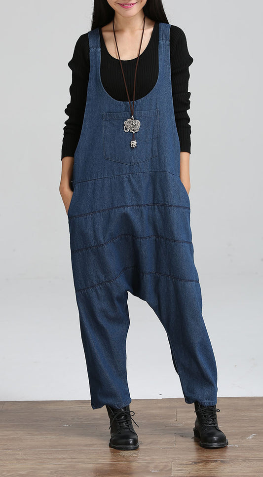 Vintage Women Jumpsuits Palazzo Pants Denim Jumpsuit Harem Pants Straps Pockets Jumpsuits Casual Pants Jumpsuit