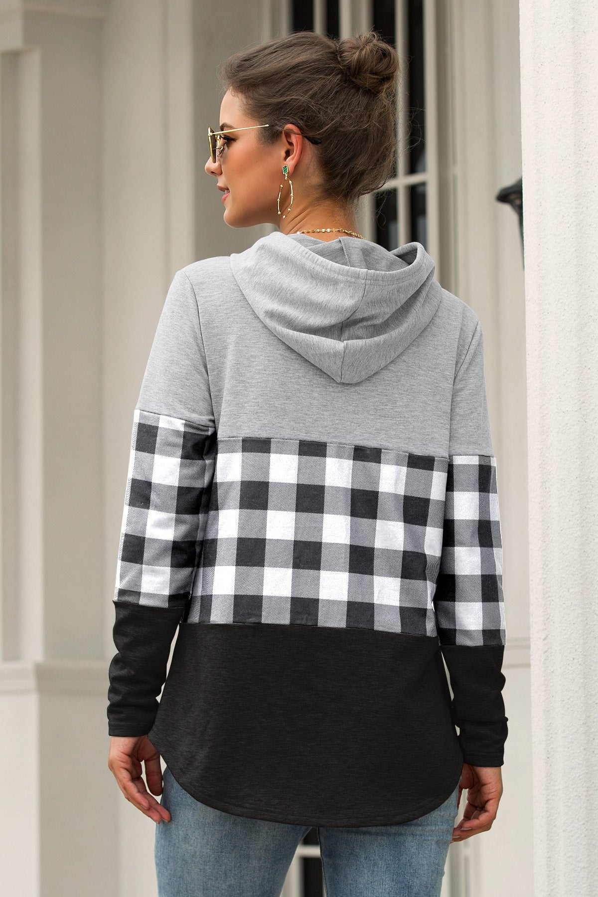 Best selling check stitching hooded sweater