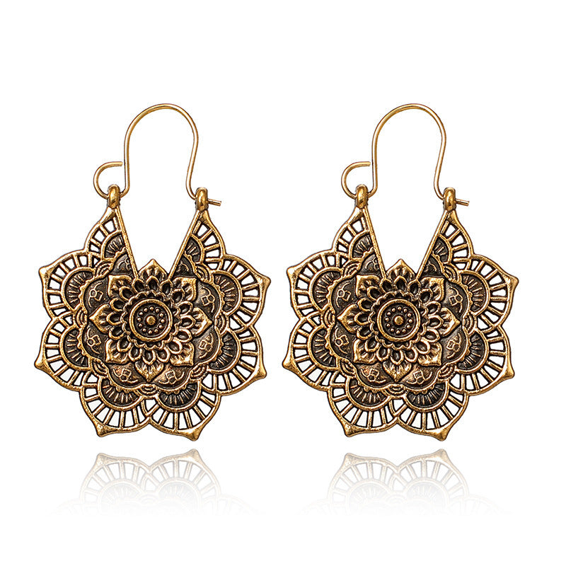 Vintage ethnic style metal openwork floral flower earrings