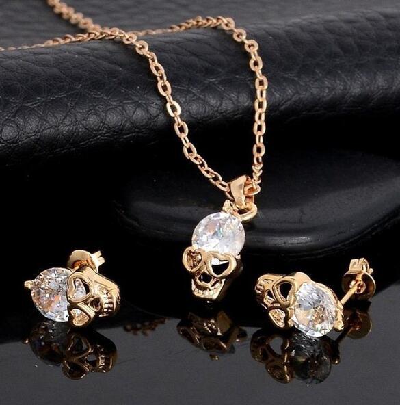 New Fashion Gold color Skull Women Jewelry Sets Crystal Earrings Pendant Necklace Set