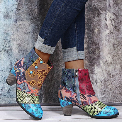 Print Ankle Boots Chunky Mid Heel Boots Women Side Zipper Shoes