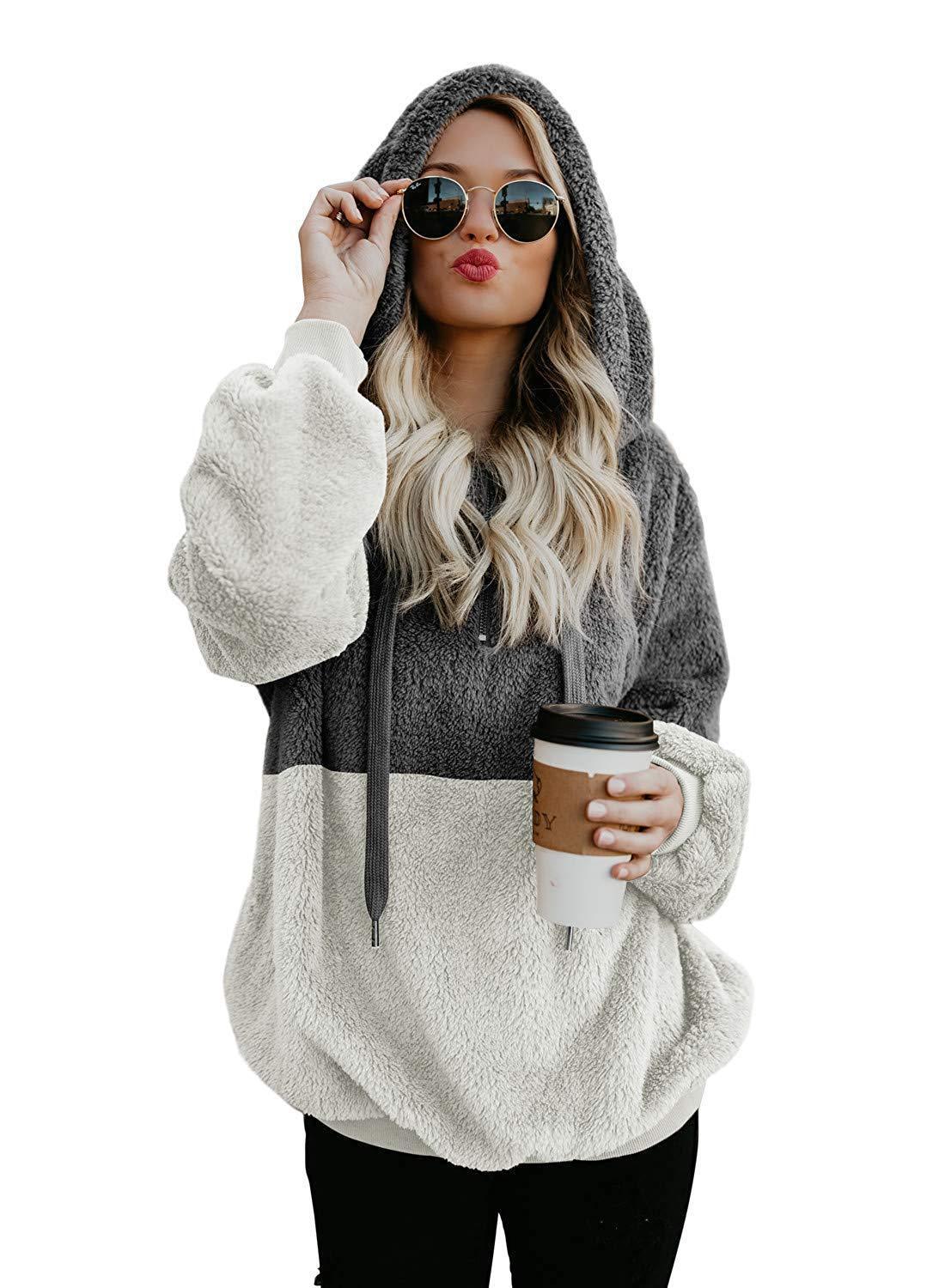 Women Casual Plush Hoodies Zipper Patchwork Hooded Drawstring Sweatshirt Autumn Winter Lady Hooded Warm Loose Tops