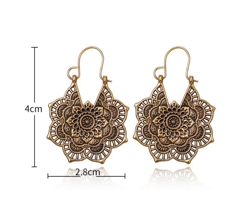 Vintage ethnic style metal openwork floral flower earrings