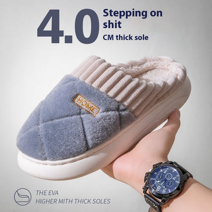 Men's Rhombic Sewing Plush Slippers Winter Warm Non-slip House Shoes For Women Bedroom Floor Home Slipper Couple