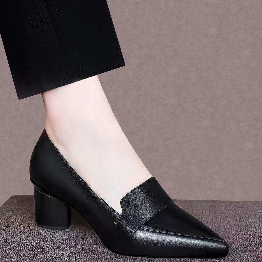 Genuine Leather Thick Heel Single Shoes Women Mid-heel Pointed Toe Women's Shoes Pumps Double Brown