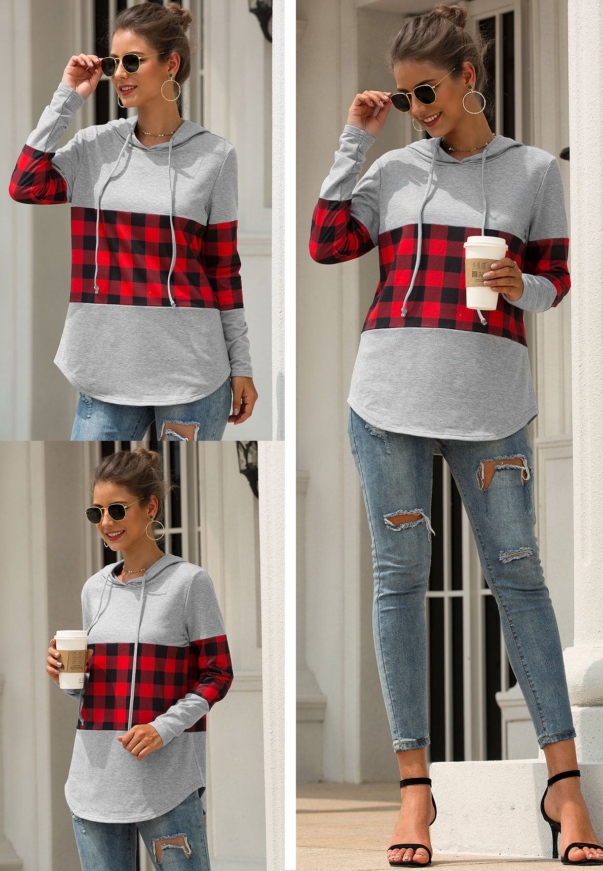 Best selling check stitching hooded sweater