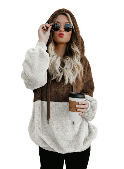 Women Casual Plush Hoodies Zipper Patchwork Hooded Drawstring Sweatshirt Autumn Winter Lady Hooded Warm Loose Tops