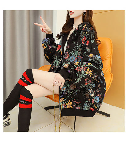 Women Plus Velvet Thick Hooded Hoodies Casual Loose Floral Print