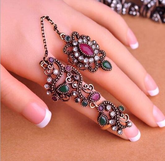 Promotion Turkish Double Finger Rings For Women Flower Ethnic Jewelry Multicolor Resin Vintage Pretty Exquisite Mid Ring Anillos