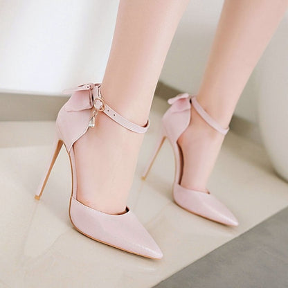 Spring and summer new European and American super high heel single shoes stiletto pointed rhinestone buckle bow