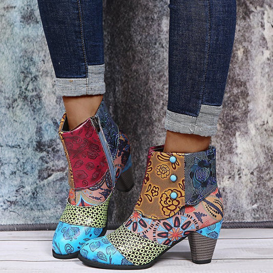 Print Ankle Boots Chunky Mid Heel Boots Women Side Zipper Shoes