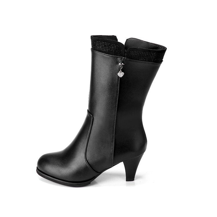 2021 autumn and winter new women boots high heel shoes Heart Pendant in the tube side zipper side zipper with knights boots