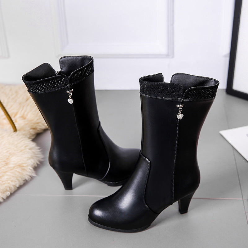 2021 autumn and winter new women boots high heel shoes Heart Pendant in the tube side zipper side zipper with knights boots