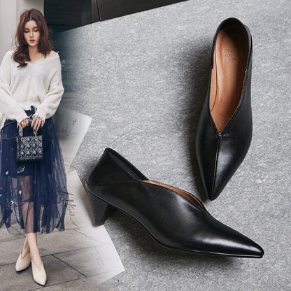 Mid-heel Pointed-toe Grandma Shoes And Thick Heel Single Women