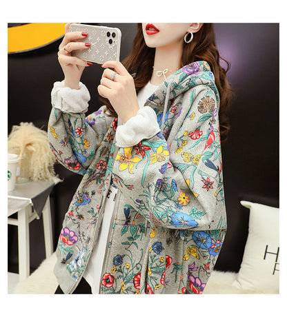 Women Plus Velvet Thick Hooded Hoodies Casual Loose Floral Print