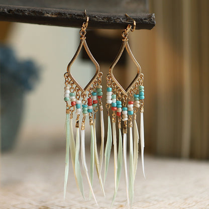 Ornament Colorful Beads Tassel Feather Earrings Women Bohemian Style Cross-border Earrings European And American Jewelry