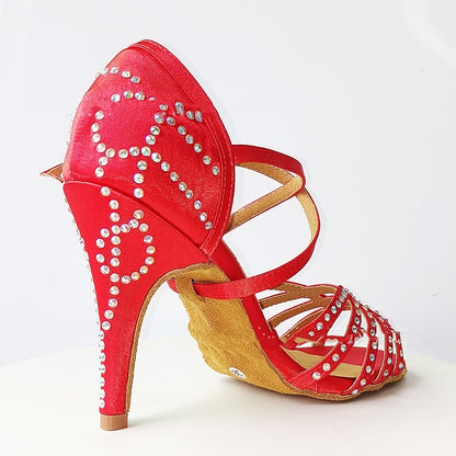 Red With Diamond Latin Dance Shoes Women's High Heel Dancing Shoes