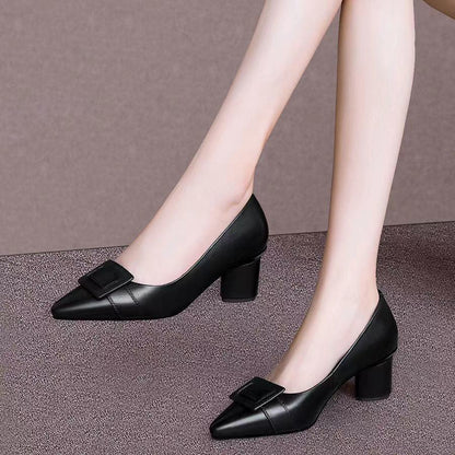 Genuine Leather Thick Heel Single Shoes Women Mid-heel Pointed Toe Women's Shoes Pumps Double Brown