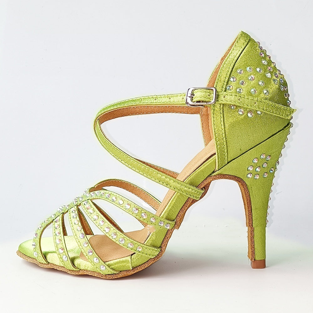 Green Rhinestone Latin Dance Shoes Women's High Heel Dancing Shoes