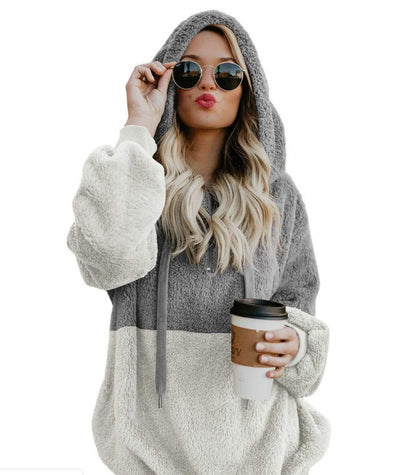 Women Casual Plush Hoodies Zipper Patchwork Hooded Drawstring Sweatshirt Autumn Winter Lady Hooded Warm Loose Tops