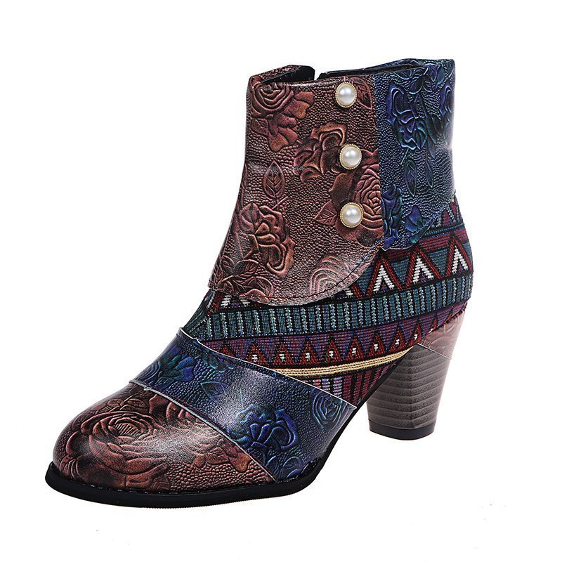 Print Ankle Boots Chunky Mid Heel Boots Women Side Zipper Shoes