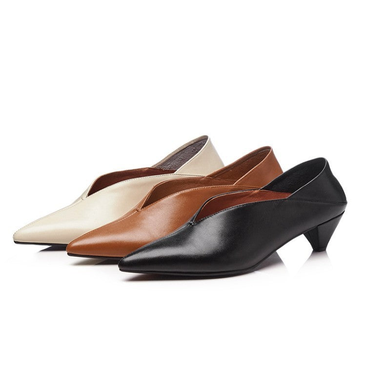 Mid-heel Pointed-toe Grandma Shoes And Thick Heel Single Women