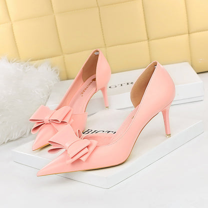 Shallow Mouth Pointed Toe Side Hollow Bow Single Shoes