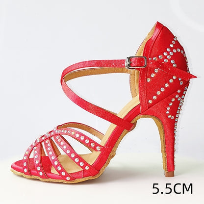 Red With Diamond Latin Dance Shoes Women's High Heel Dancing Shoes