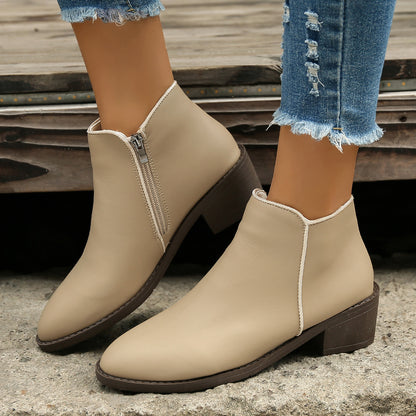 Ankle Boots Women Chunky Mid Heel Shoes Waterproof Side Zipper Boots