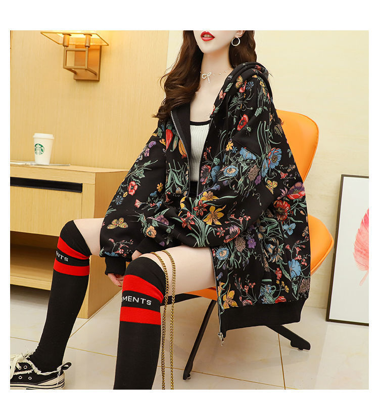 Women Plus Velvet Thick Hooded Hoodies Casual Loose Floral Print