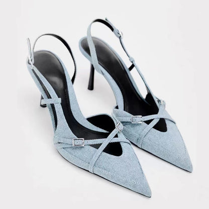 Solid Color Cross Buckle Pointed High Heel Sandals