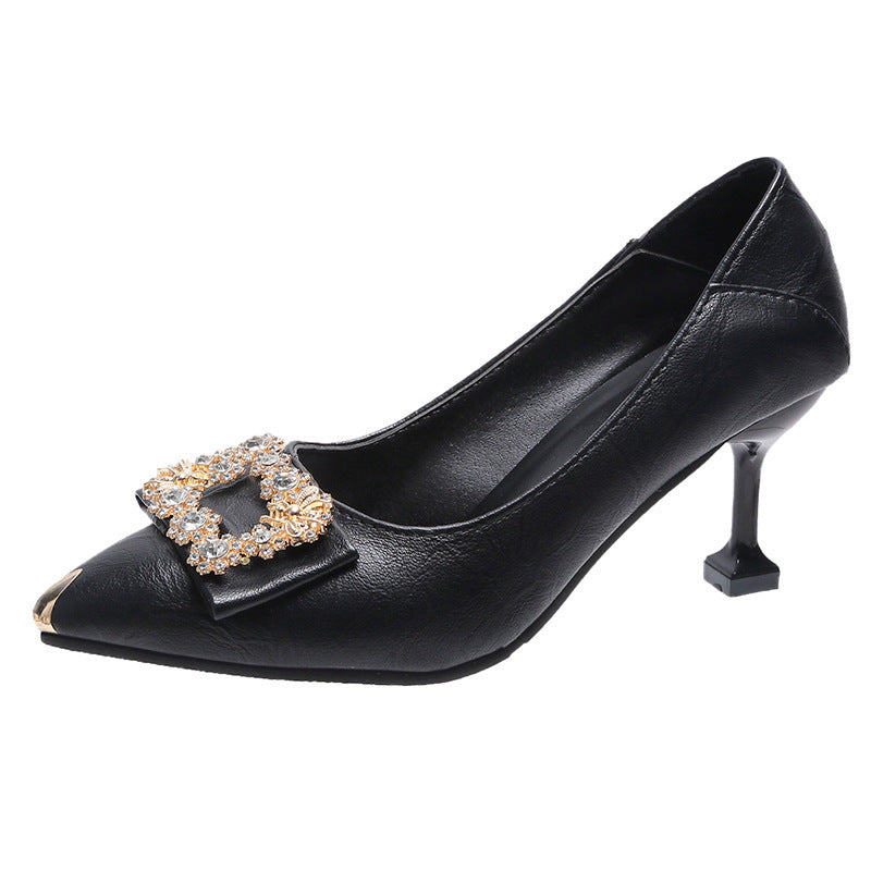 New Pointed Shallow Mouth Single Shoes Women Fashion Rhinestone Stiletto Grandma Shoes