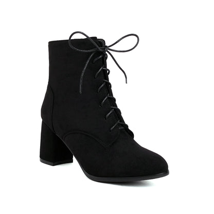 Frosted Short Boots Front Lace-up Chunky Heel