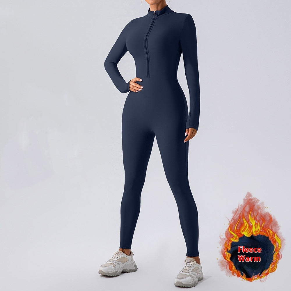 Fleece-lined Yoga Jumpsuit Long Sleeve Keep Warm Outerwear Tights