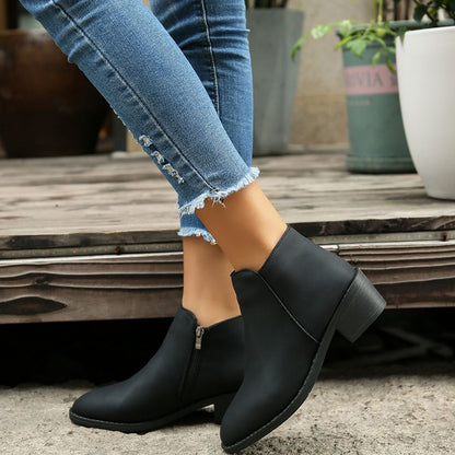 Ankle Boots Women Chunky Mid Heel Shoes Waterproof Side Zipper Boots