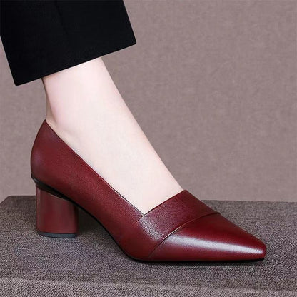 Genuine Leather Thick Heel Single Shoes Women Mid-heel Pointed Toe Women's Shoes Pumps Double Brown