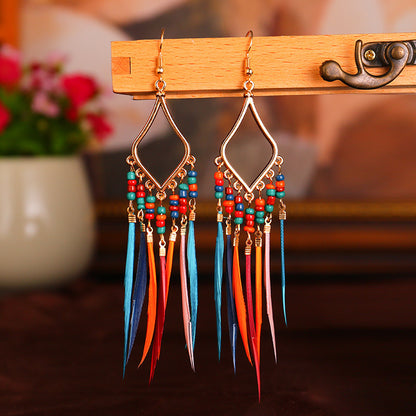 Ornament Colorful Beads Tassel Feather Earrings Women Bohemian Style Cross-border Earrings European And American Jewelry