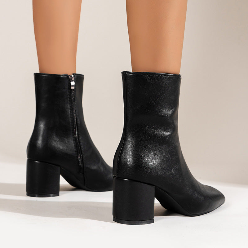 Chunky Heel Pointed Toe Boots With Side Zipper Fashion Mid-calf Boot For Women Shoes