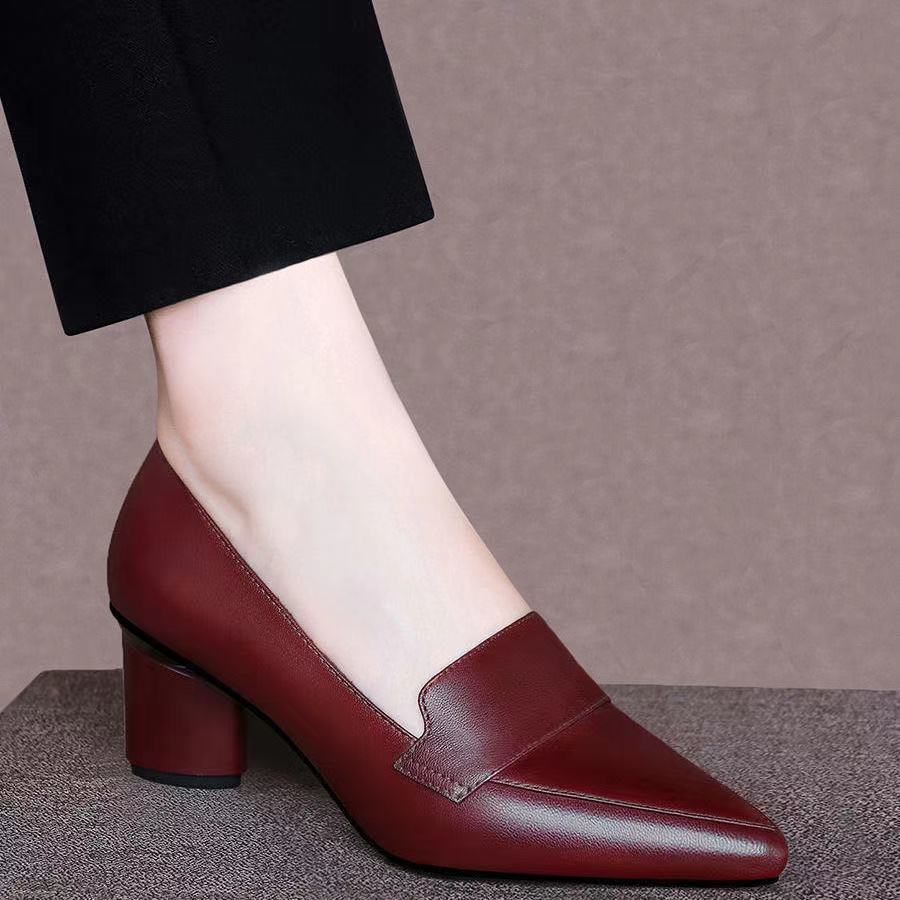 Genuine Leather Thick Heel Single Shoes Women Mid-heel Pointed Toe Women's Shoes Pumps Double Brown