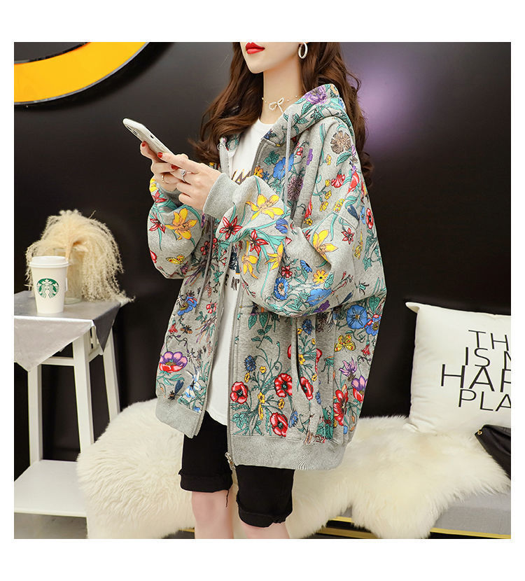 Women Plus Velvet Thick Hooded Hoodies Casual Loose Floral Print