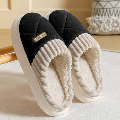 Men's Rhombic Sewing Plush Slippers Winter Warm Non-slip House Shoes For Women Bedroom Floor Home Slipper Couple