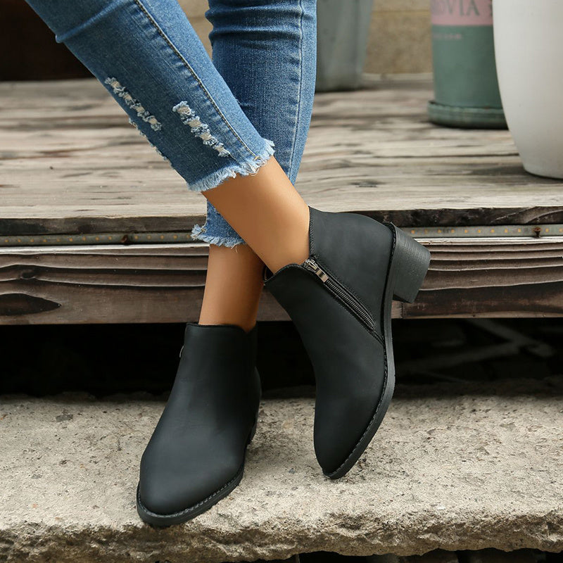 Ankle Boots Women Chunky Mid Heel Shoes Waterproof Side Zipper Boots