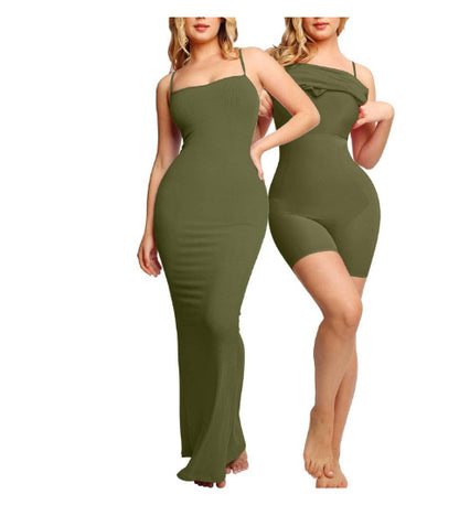 Women's Shapewear Dress Jumpsuit Tummy Tuck Lift Corset Open Crotch Suspender Tight Long Skirt Chest Pad Bodysuit Dress