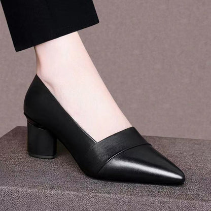 Genuine Leather Thick Heel Single Shoes Women Mid-heel Pointed Toe Women's Shoes Pumps Double Brown